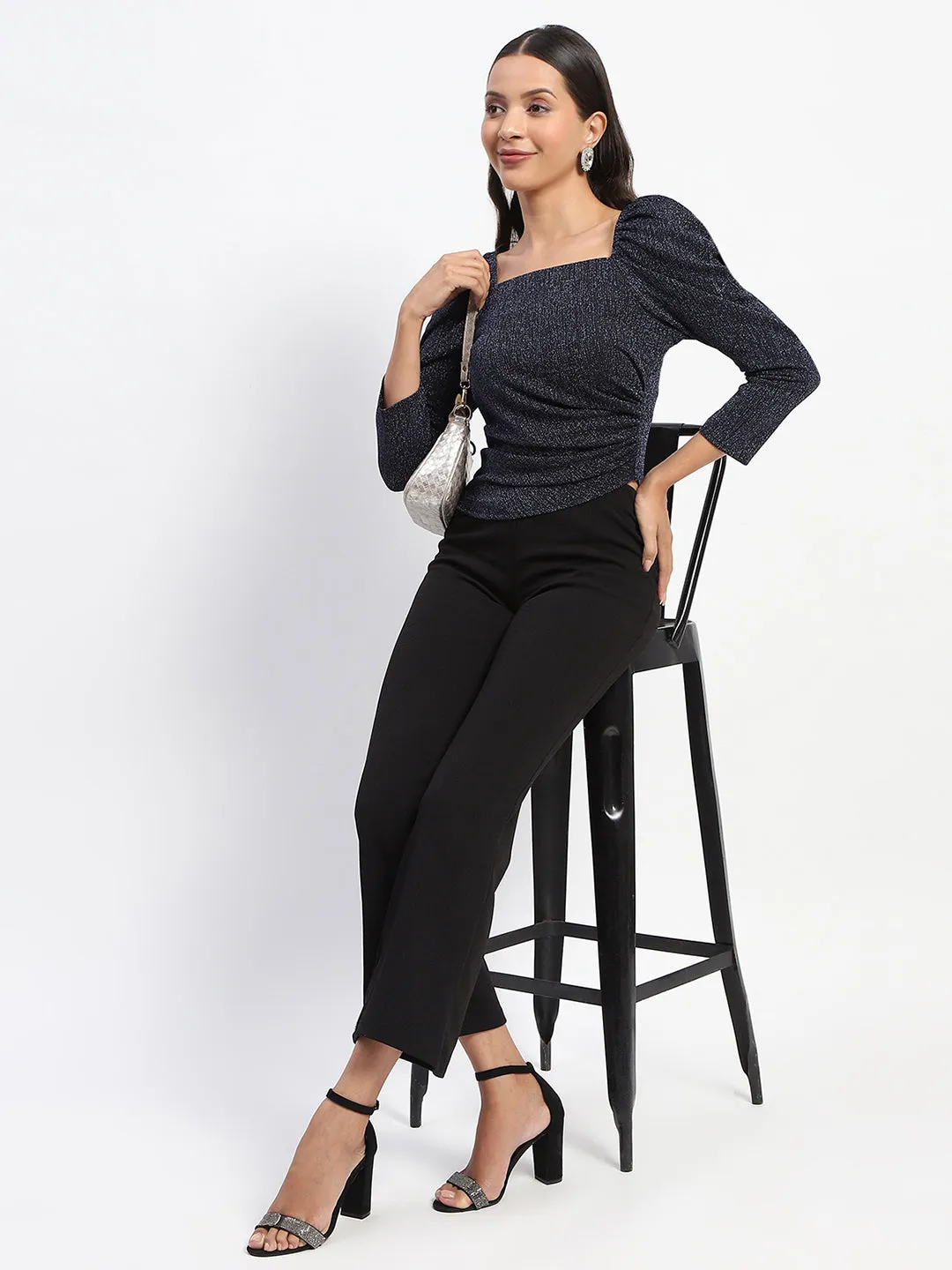 Madame Gathered Shimmery Square Neck Navy Top Fashion Dress