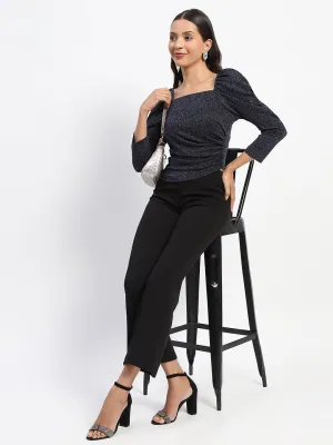 Madame Gathered Shimmery Square Neck Navy Top Fashion Dress