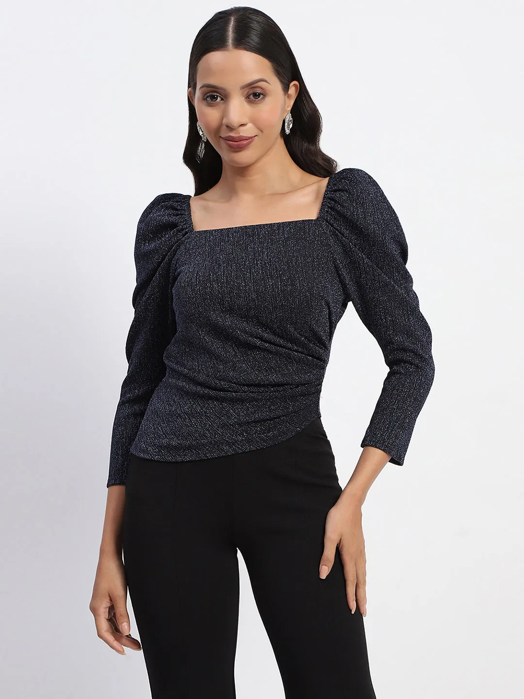 Professional Clothing Relaxed Fit Madame Gathered Shimmery Square Neck Navy Top