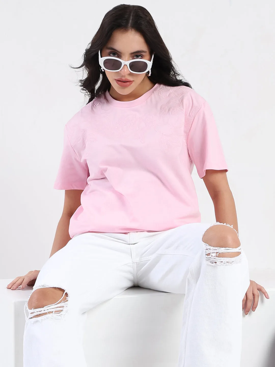 Madame Embroidered Half Sleeve Pink Cotton T-shirt Trendy Vibes