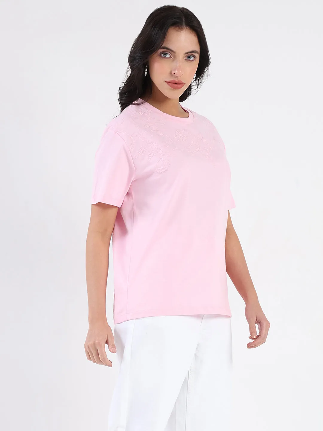 Hypoallergenic Textile Madame Embroidered Half Sleeve Pink Cotton T-shirt
