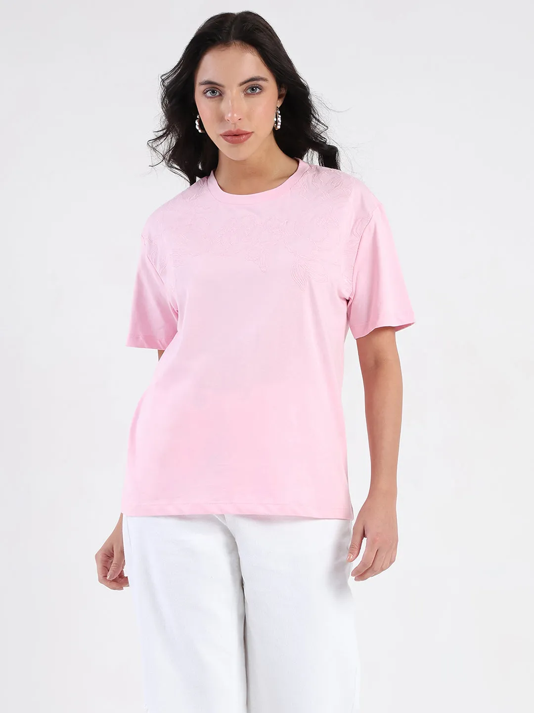 Madame Embroidered Half Sleeve Pink Cotton T-shirt Relax Comfort Style