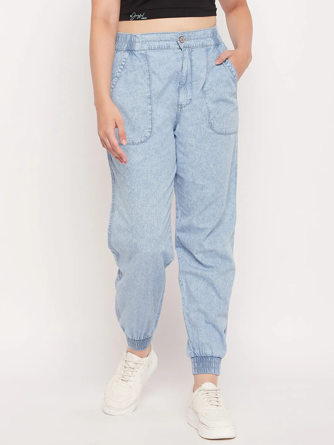 Madame Blue Elasticated Joggers Fashionable Cut Denim finish