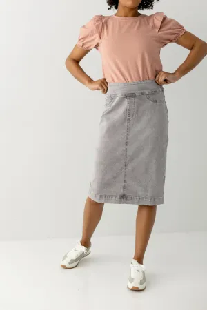 Smart Edge birthday party 'Sara' Classic Knee Length Denim Skirt in Vintage Grey Modern Fit