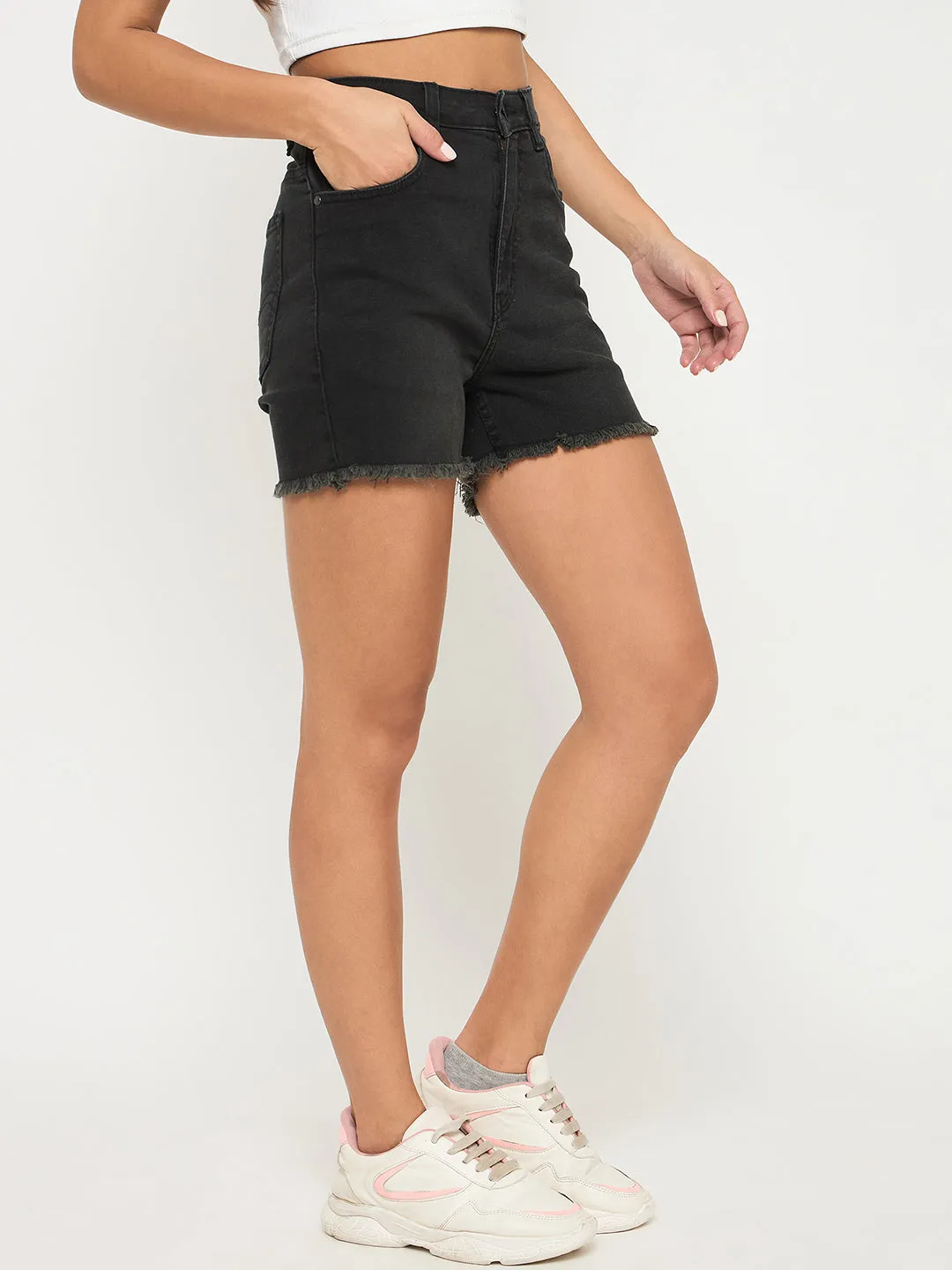 QuickPackable Design Madame Frayed Hem Charcoal Black Cotton Blend Denim Shorts