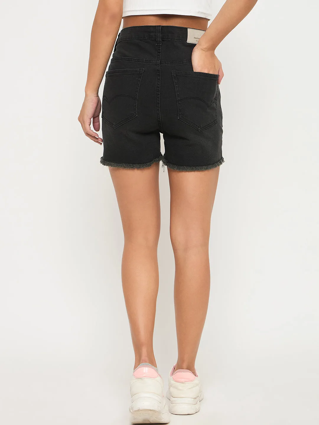 Gym Safe WaterRepellent Finish Madame Frayed Hem Charcoal Black Cotton Blend Denim Shorts
