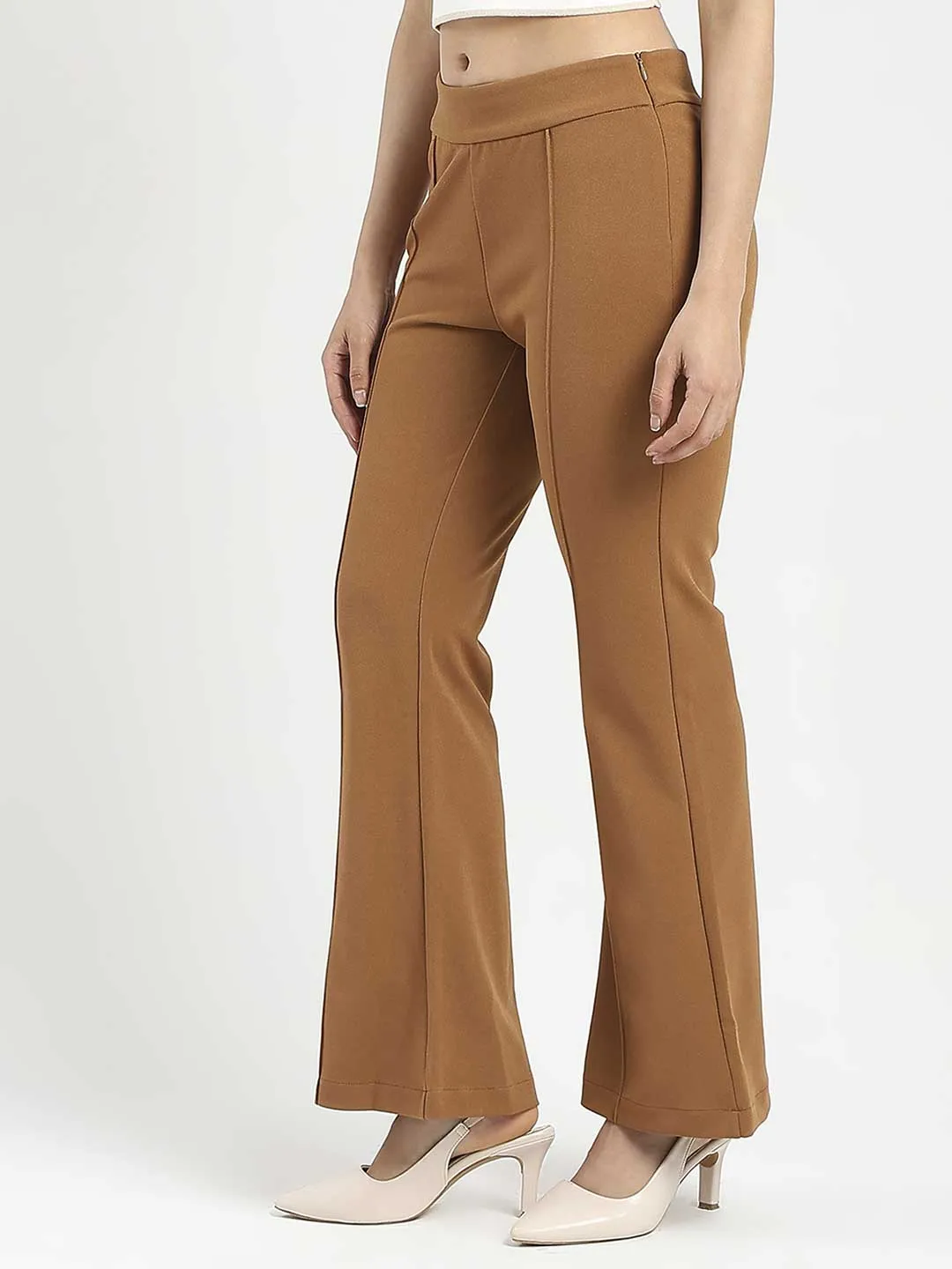 Madame Side Zipper Flared Coffee Brown Knitted Moss Trousers Low Profile