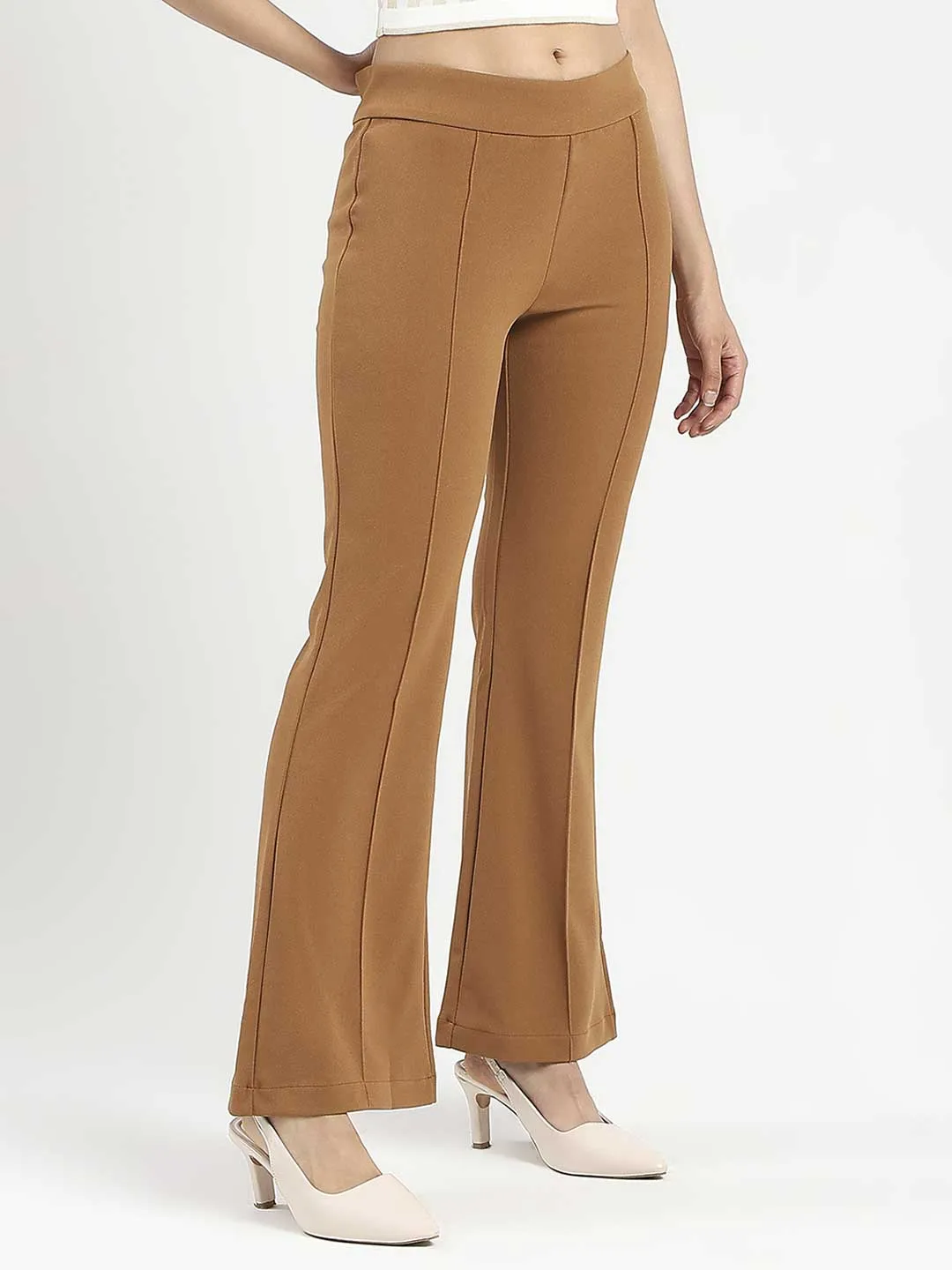 Madame Side Zipper Flared Coffee Brown Knitted Moss Trousers ReflectiveAccentDetails