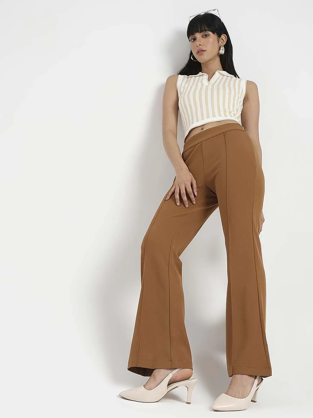 Madame Side Zipper Flared Coffee Brown Knitted Moss Trousers High Durability Thread