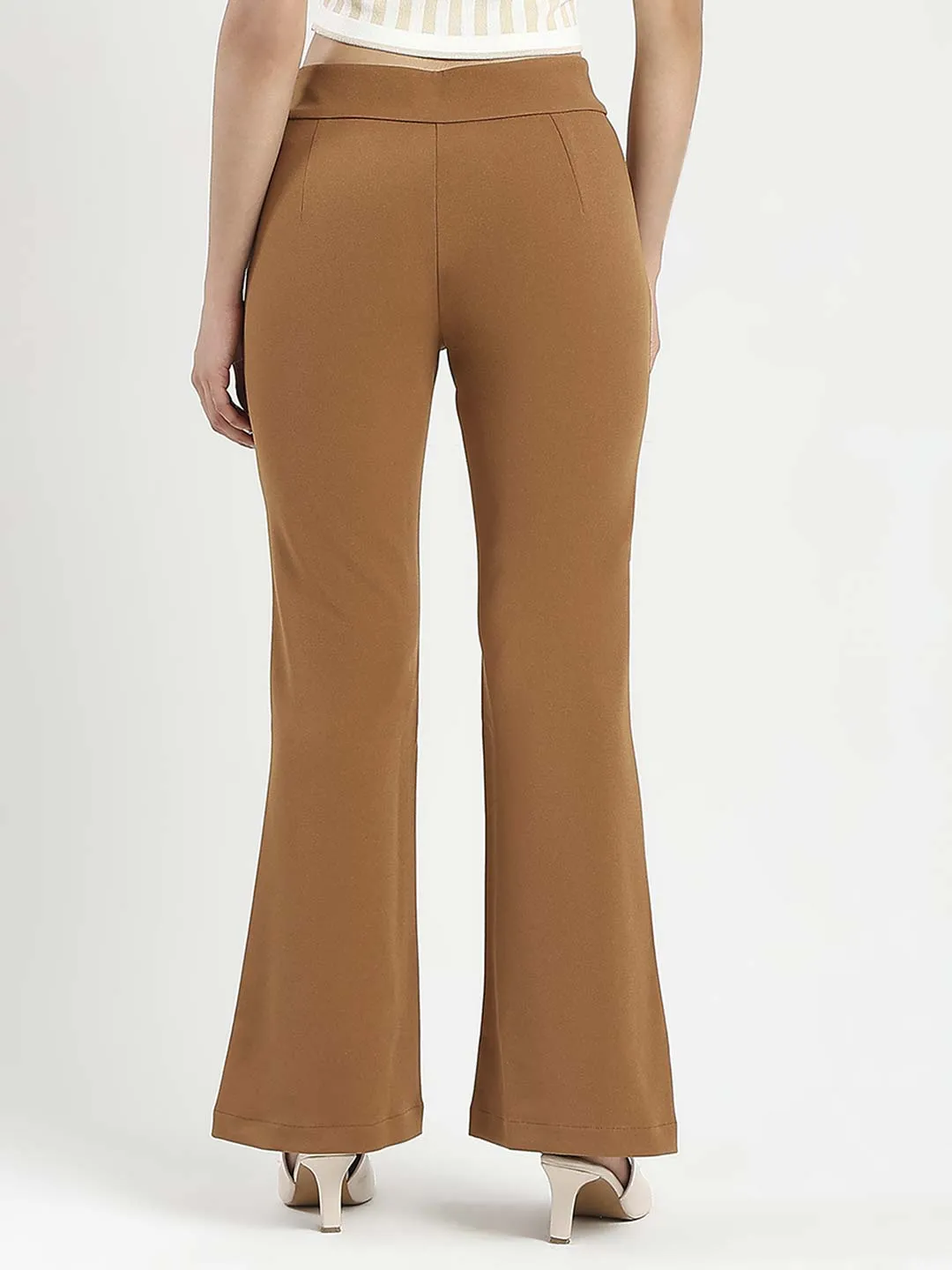 Madame Side Zipper Flared Coffee Brown Knitted Moss Trousers Flat Lock Seams Statement Piece