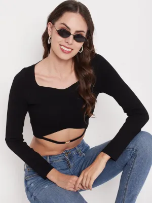 KnotFree Tailoring Machine Fit Madame Black Square Neck Cut-Out Crop Top