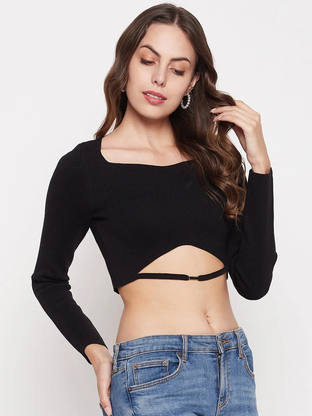 Madame Black Square Neck Cut-Out Crop Top Gentle Breeze