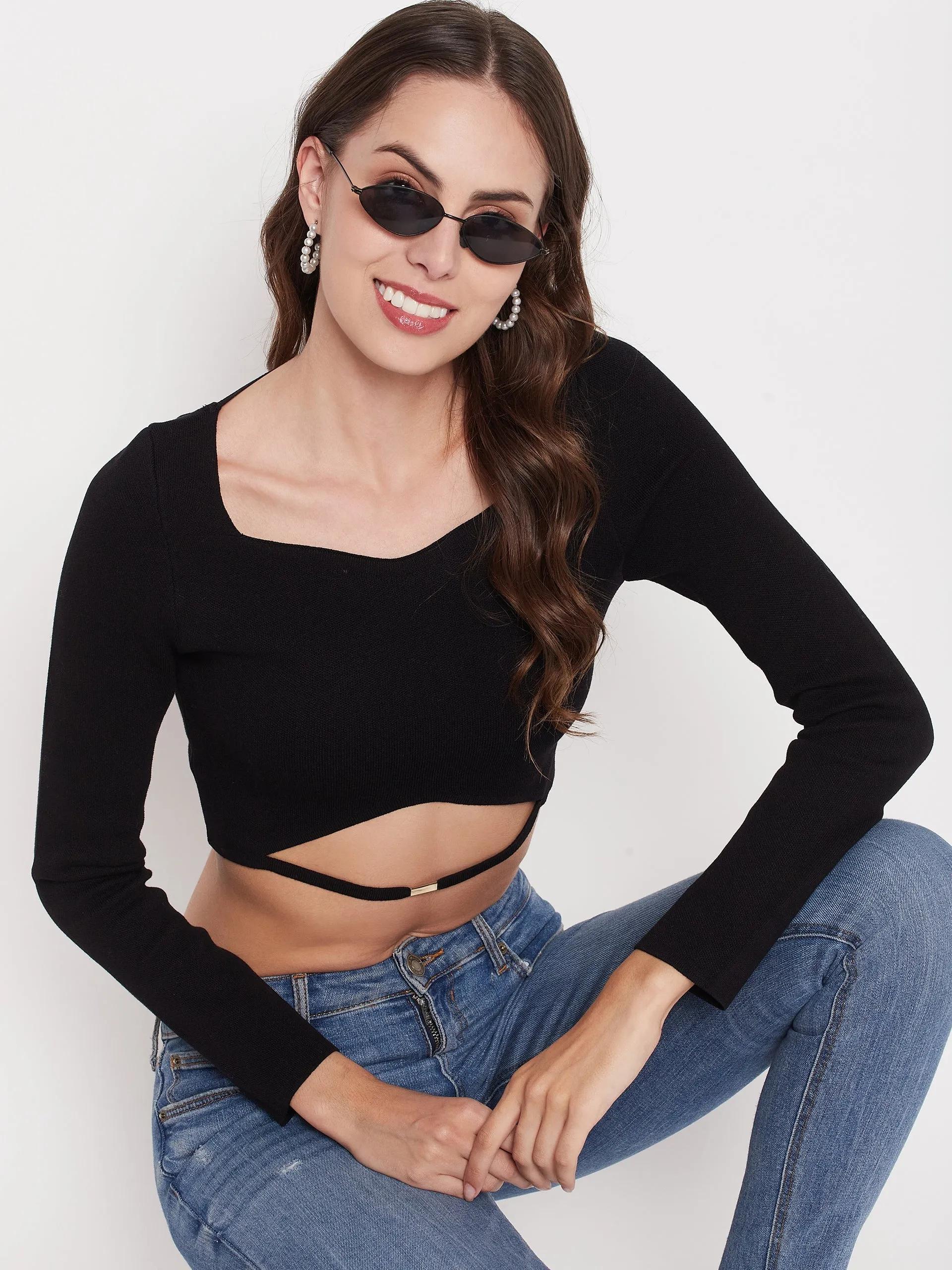 KnotFree Tailoring Machine Fit Madame Black Square Neck Cut-Out Crop Top
