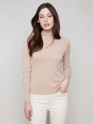 elastic waistband Long Sleeve Mock Neck Top - Sesame