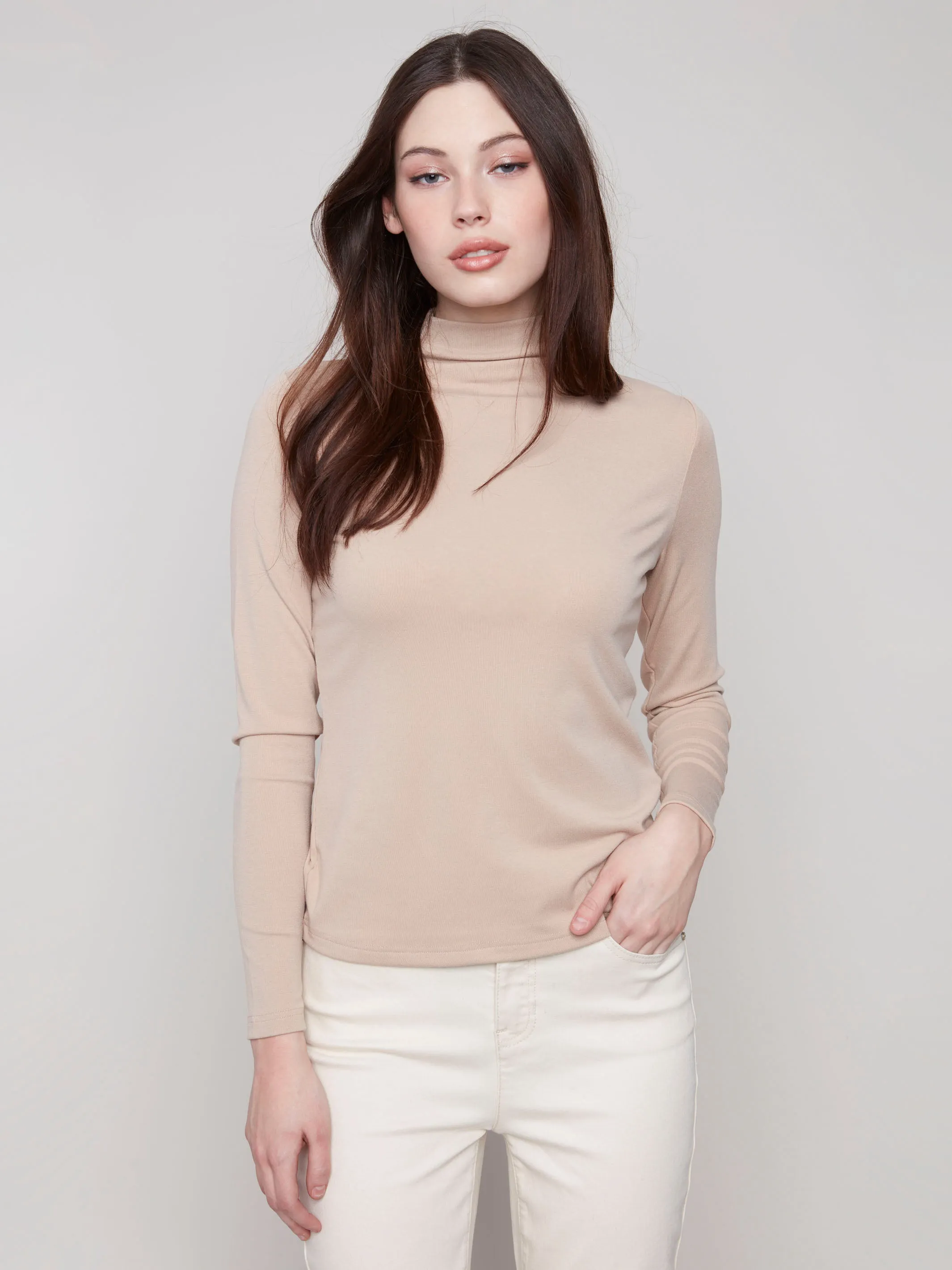 elastic waistband Long Sleeve Mock Neck Top - Sesame