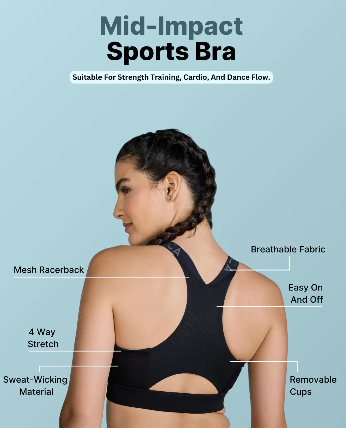 Women Mid Impact Zip Sports Bra with Removable Pads Welded seams