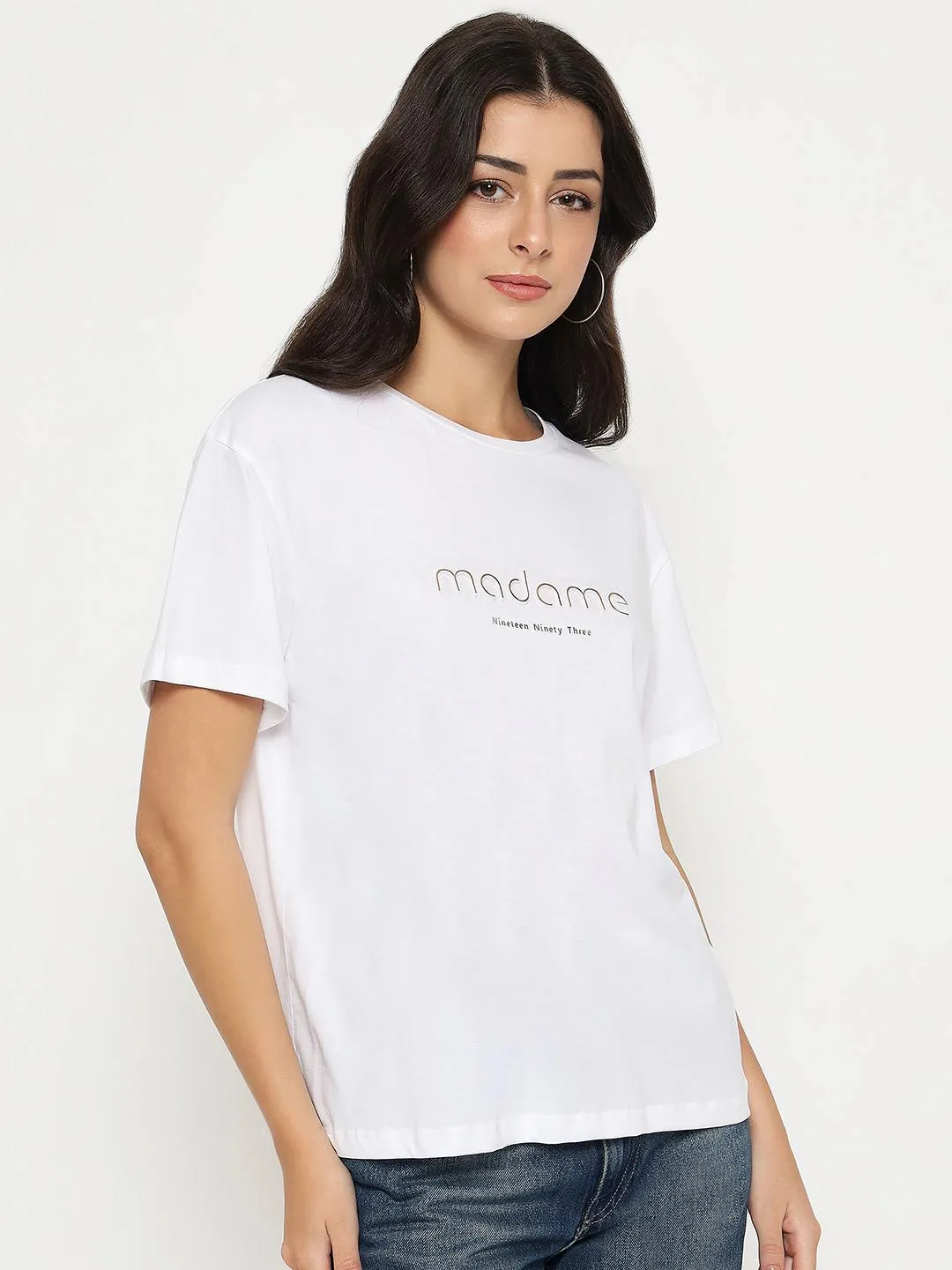 Madame Tyopgraphy Print White Cotton T-shirt Thermal regulation High-Quality Fabric