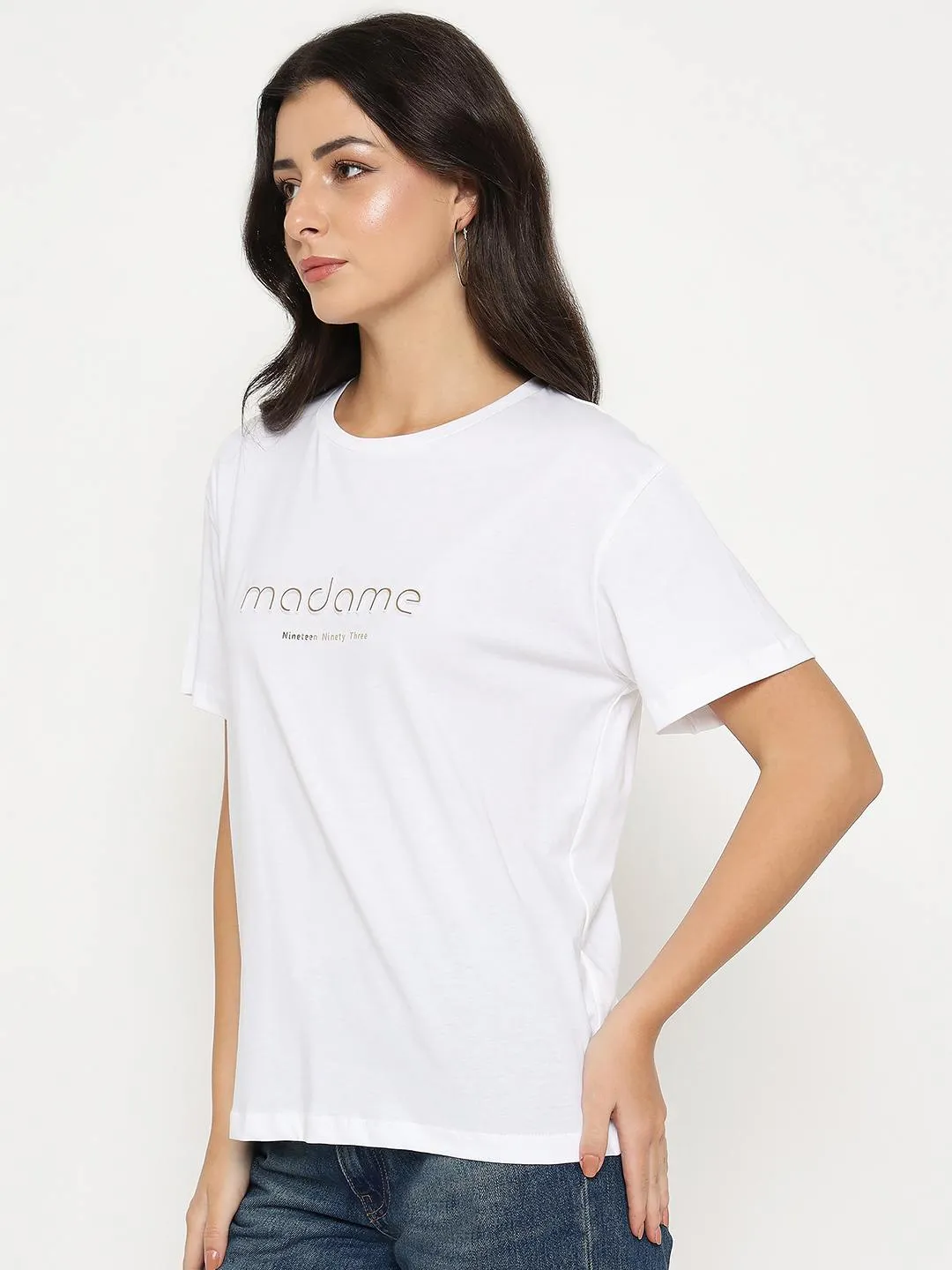 Madame Tyopgraphy Print White Cotton T-shirt FunctionalPockets