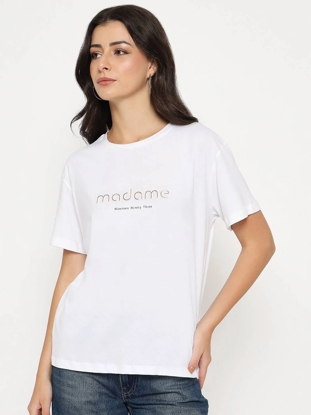 Bold Style Madame Tyopgraphy Print White Cotton T-shirt