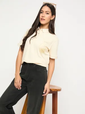 Modern Wear Madame Botanical Print Beige Cotton Blend Polo T-shirt