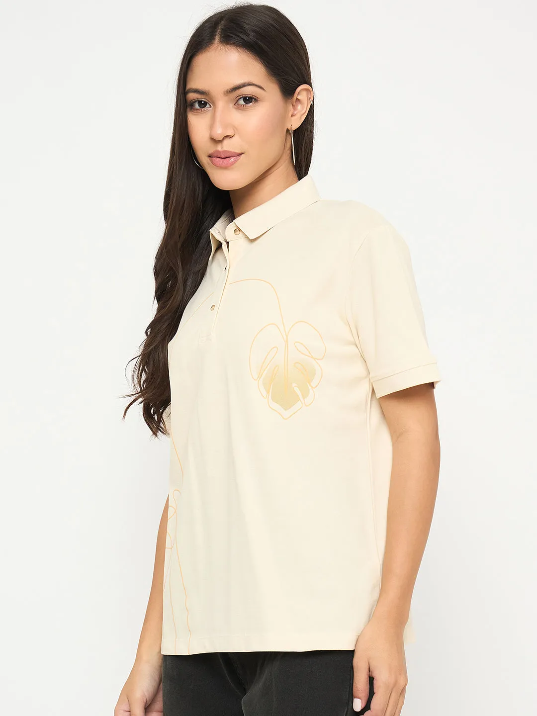 Madame Botanical Print Beige Cotton Blend Polo T-shirt Chilly Day Essentials Minimal Fashion