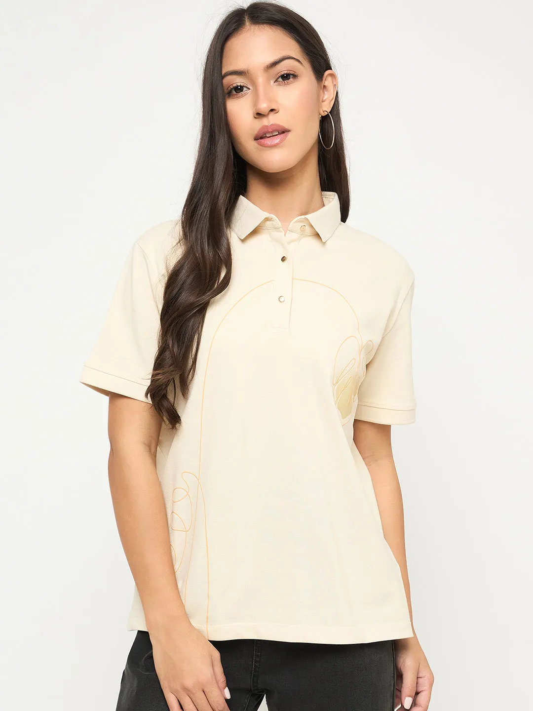 Madame Botanical Print Beige Cotton Blend Polo T-shirt casual and comfortable Outdoor Light