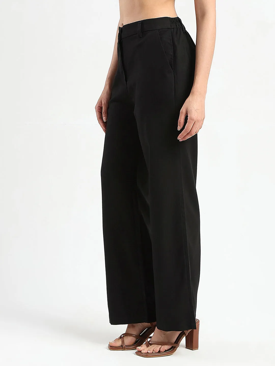Madame Solid Black Wide Leg Rayon Blend Trousers Tear Resistant Design