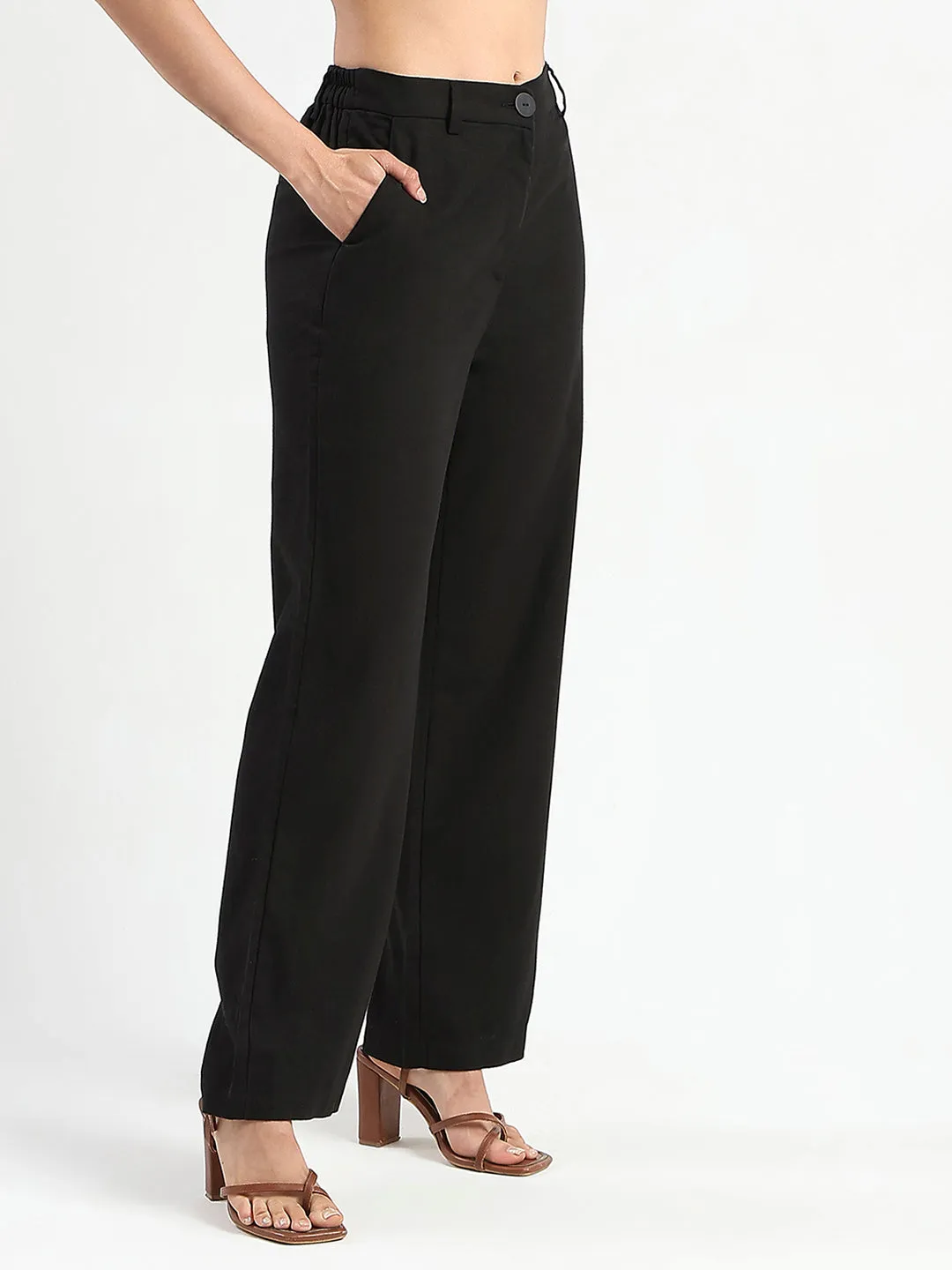 StretchWaistband Cozy Look Madame Solid Black Wide Leg Rayon Blend Trousers