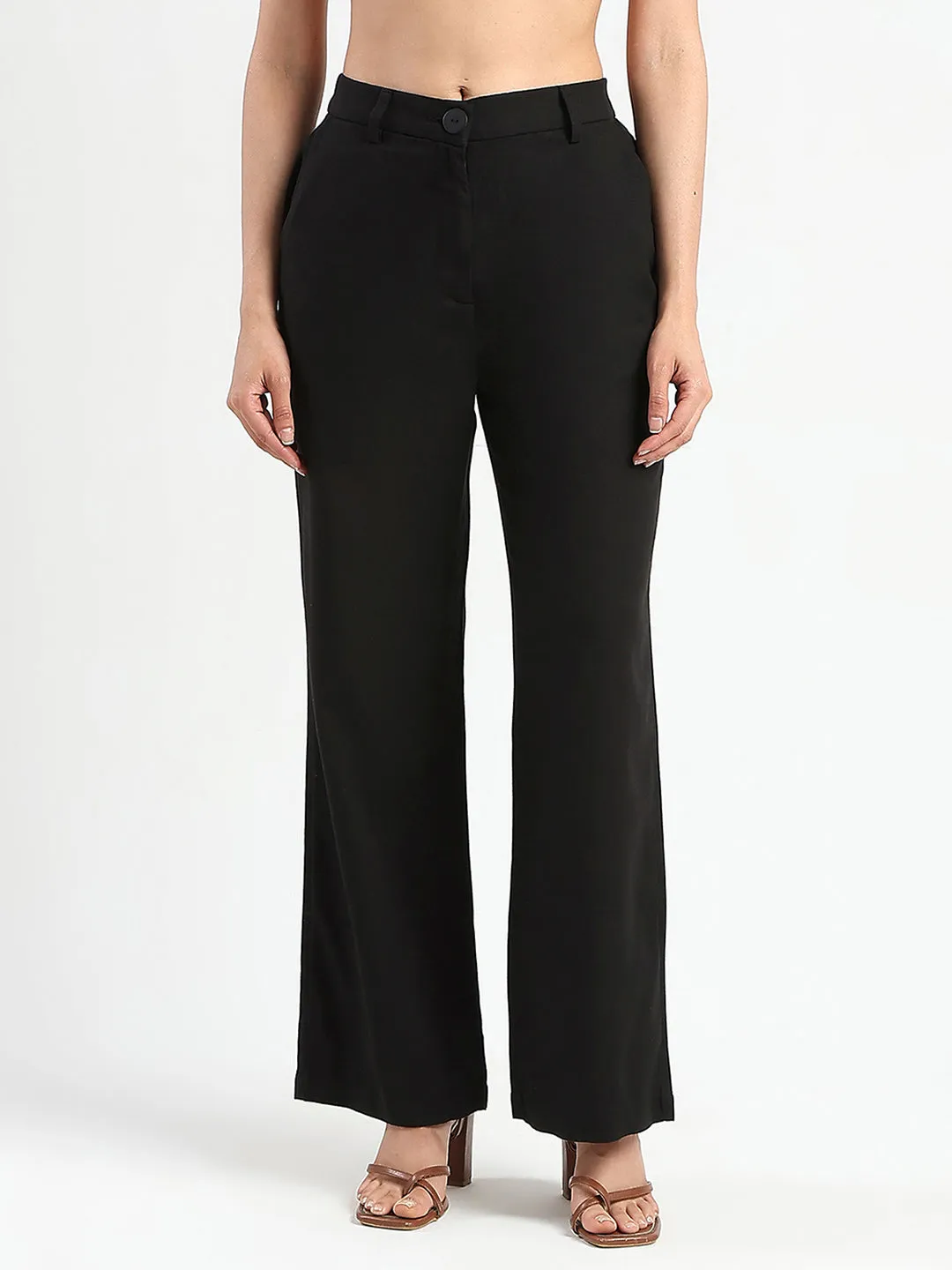 Madame Solid Black Wide Leg Rayon Blend Trousers Quick Release Buckle WrinkleResistantMaterial