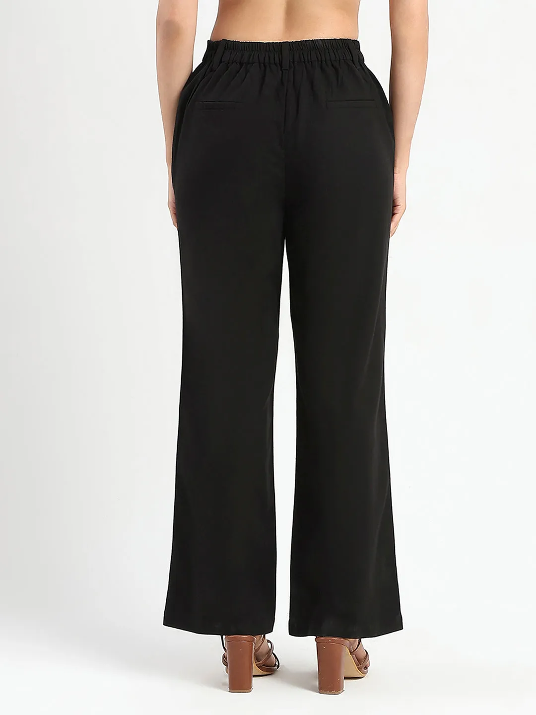 Thermal Insulation Layer Madame Solid Black Wide Leg Rayon Blend Trousers