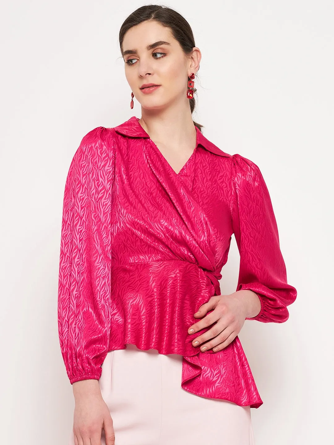 Madame Hot Pink Puff Sleeve Top GentleWaistband Vacation Mood