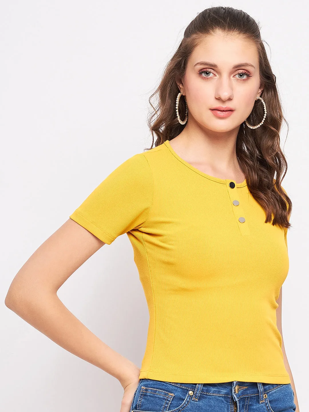 Madame Casual Mustard Cotton Top HighNeckStyle