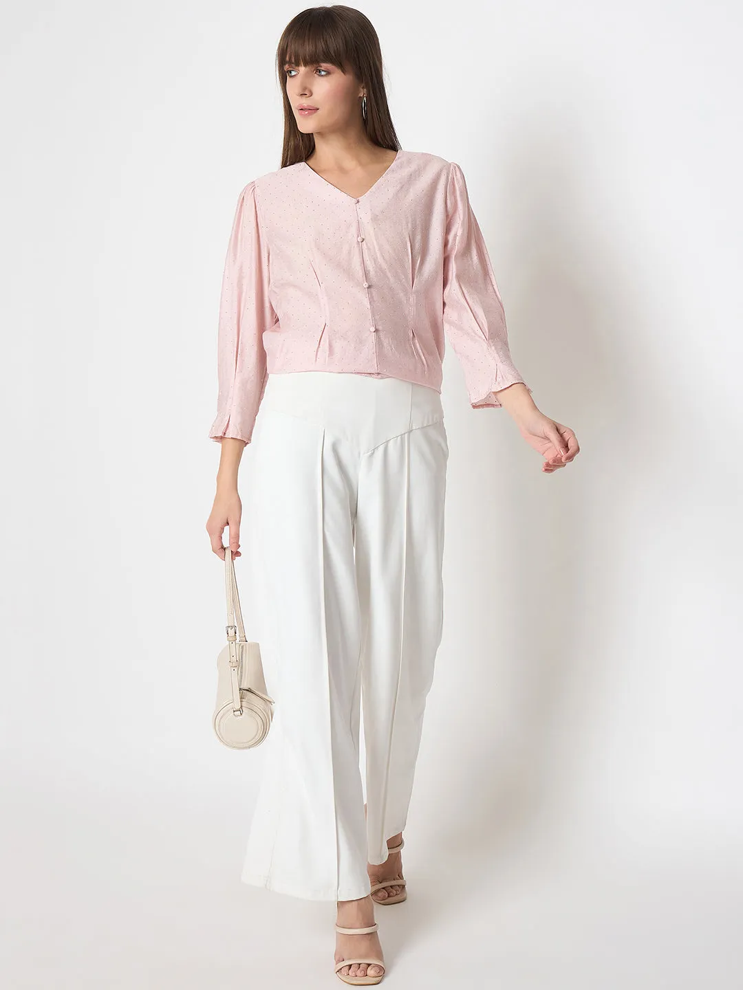 Stylish Look Madame Nylon Swarovski Dart Detailed Peach Top