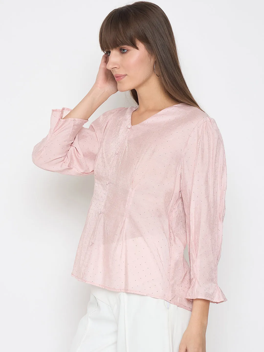 Trendy Trousers Versatile Hat Madame Nylon Swarovski Dart Detailed Peach Top