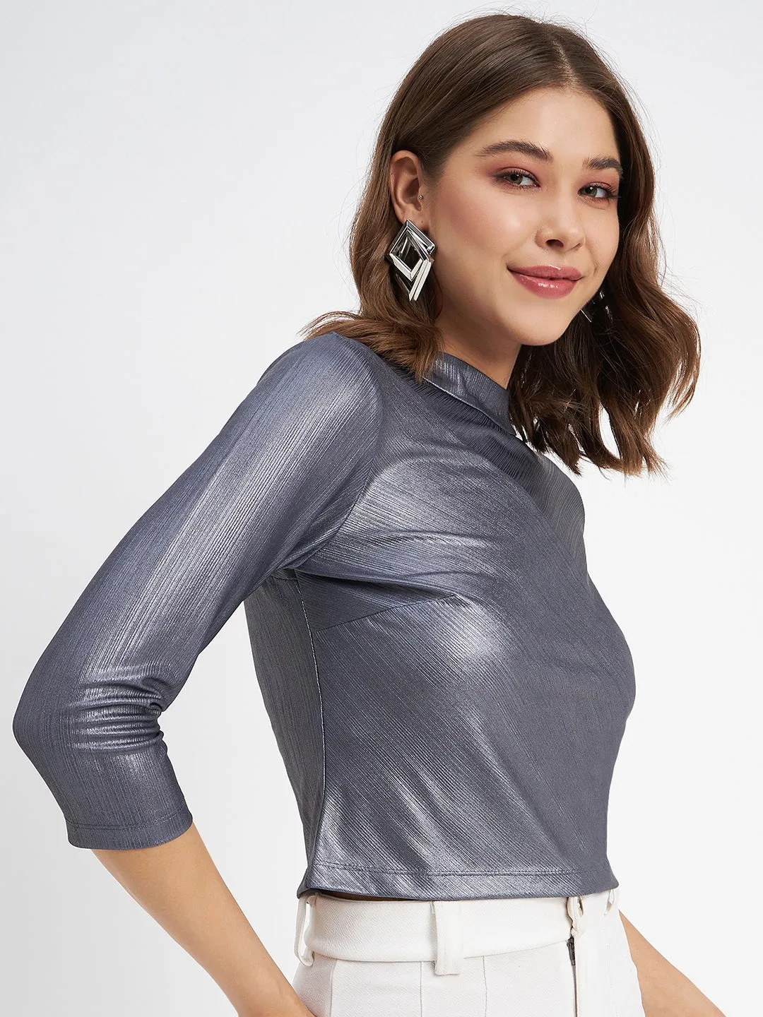 Linen Soul Colorfast Dye Madame Shimmering Asymmetrical Seam Detail Navy Blue Top