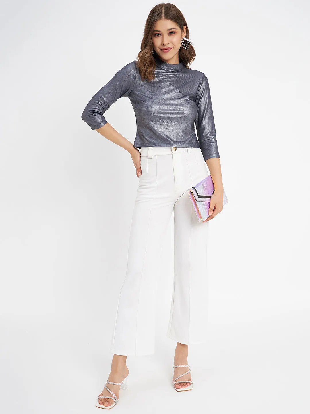casual top Madame Shimmering Asymmetrical Seam Detail Navy Blue Top