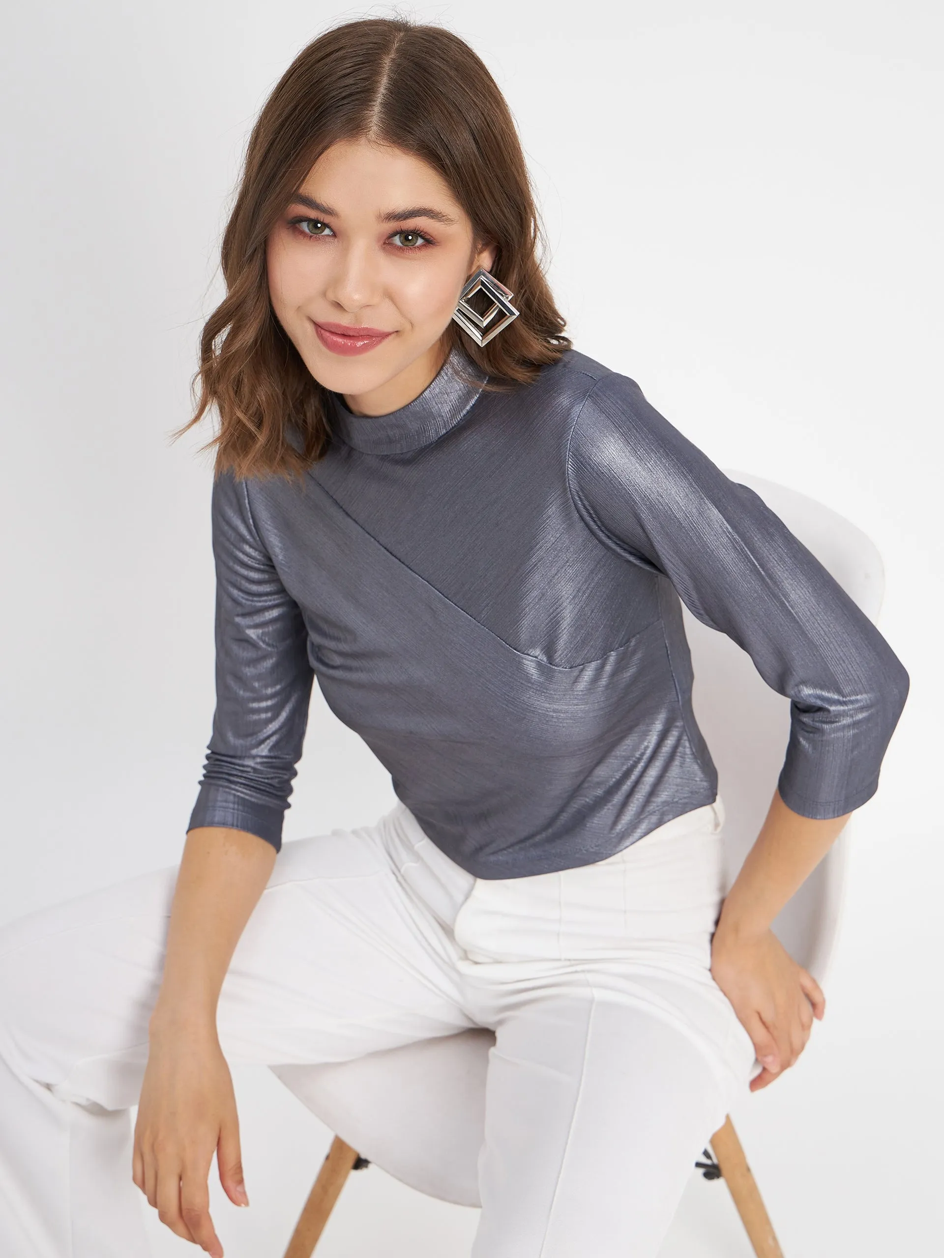 Madame Shimmering Asymmetrical Seam Detail Navy Blue Top Outdoor Look
