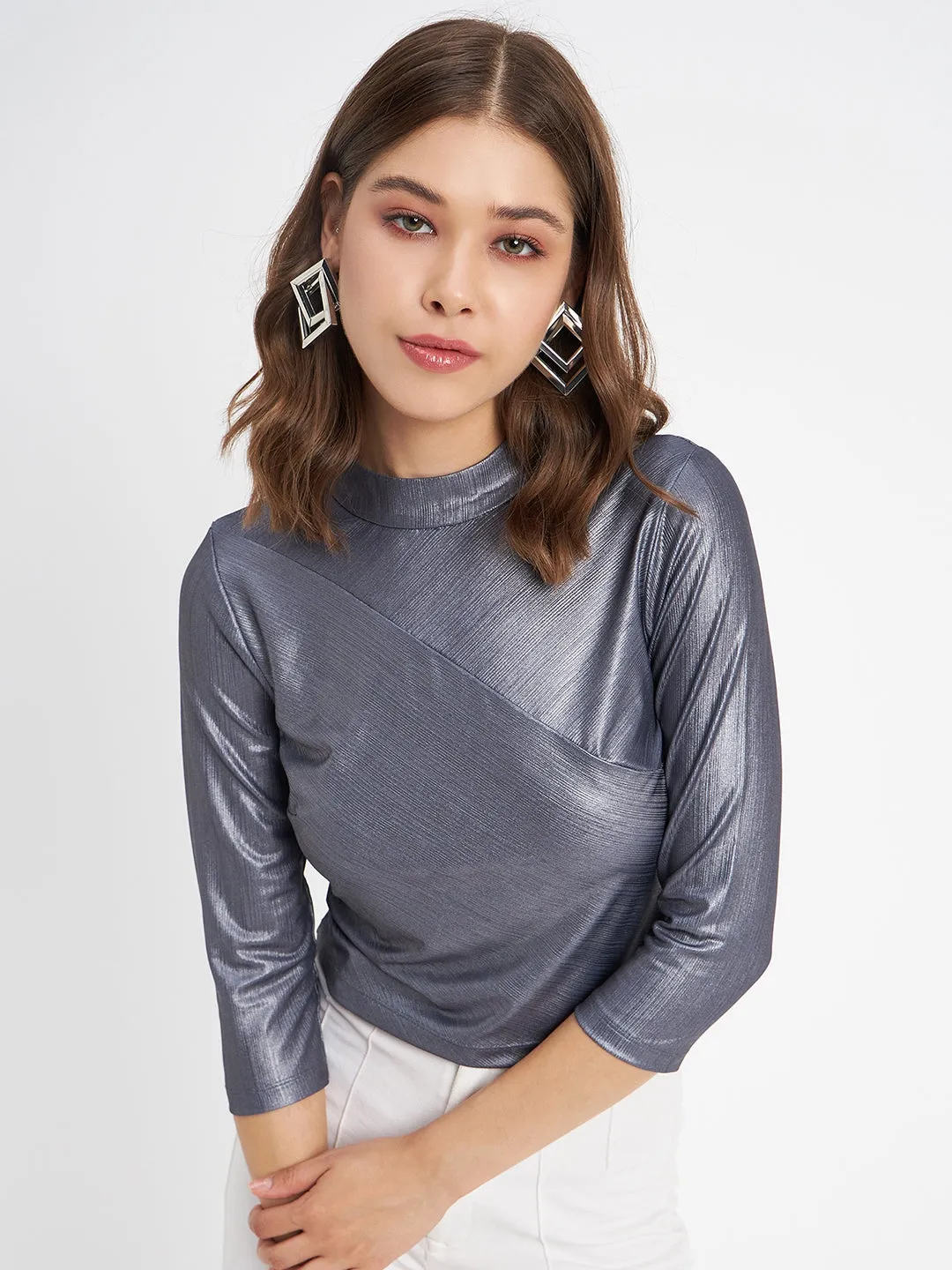 Madame Shimmering Asymmetrical Seam Detail Navy Blue Top Rugged shoes