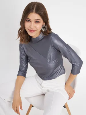 Madame Shimmering Asymmetrical Seam Detail Navy Blue Top Outdoor Look