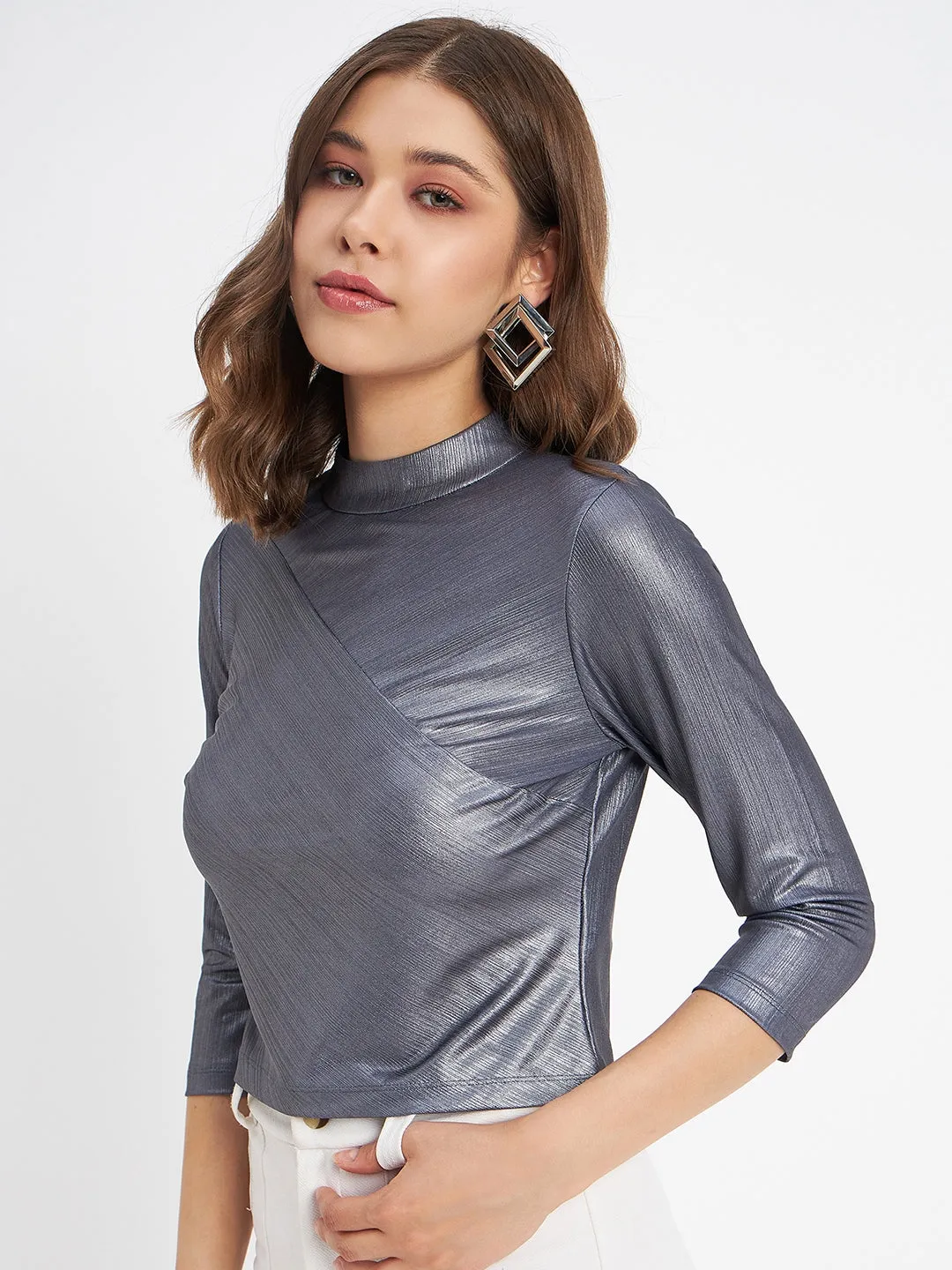 Madame Shimmering Asymmetrical Seam Detail Navy Blue Top NonBindingEdges