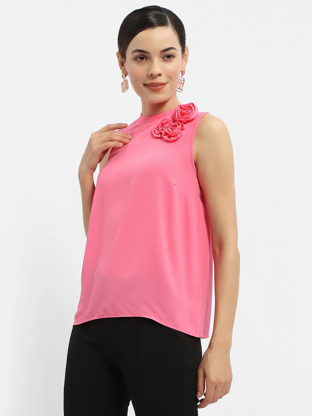 Smooth Edge Binding AntiPilling Technology Madame Applique Adorned Fuschia Pink Shimmer Top
