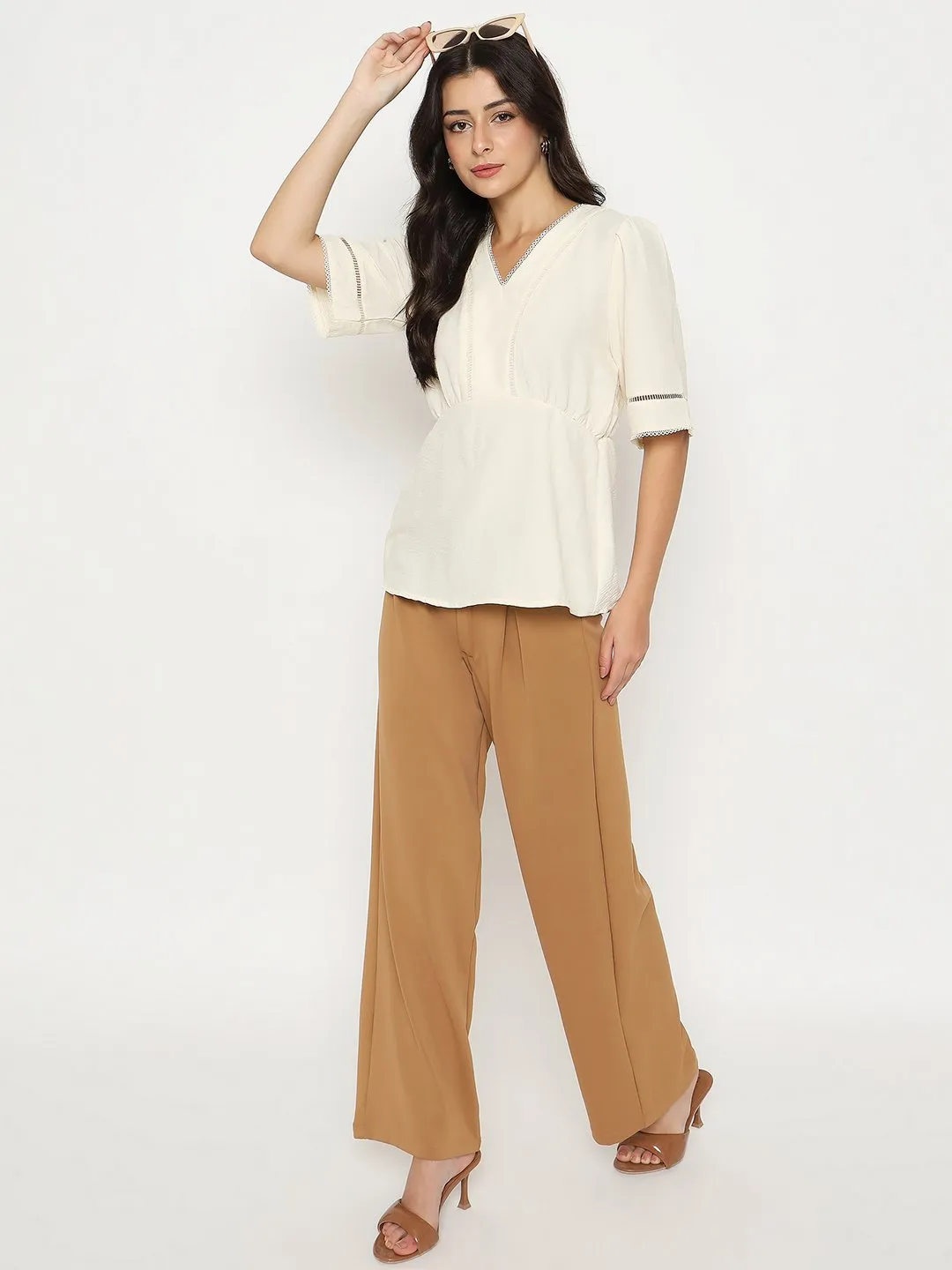 WrinkleResistant Finish Easy Style Madame V Neck Off White Peplum Top