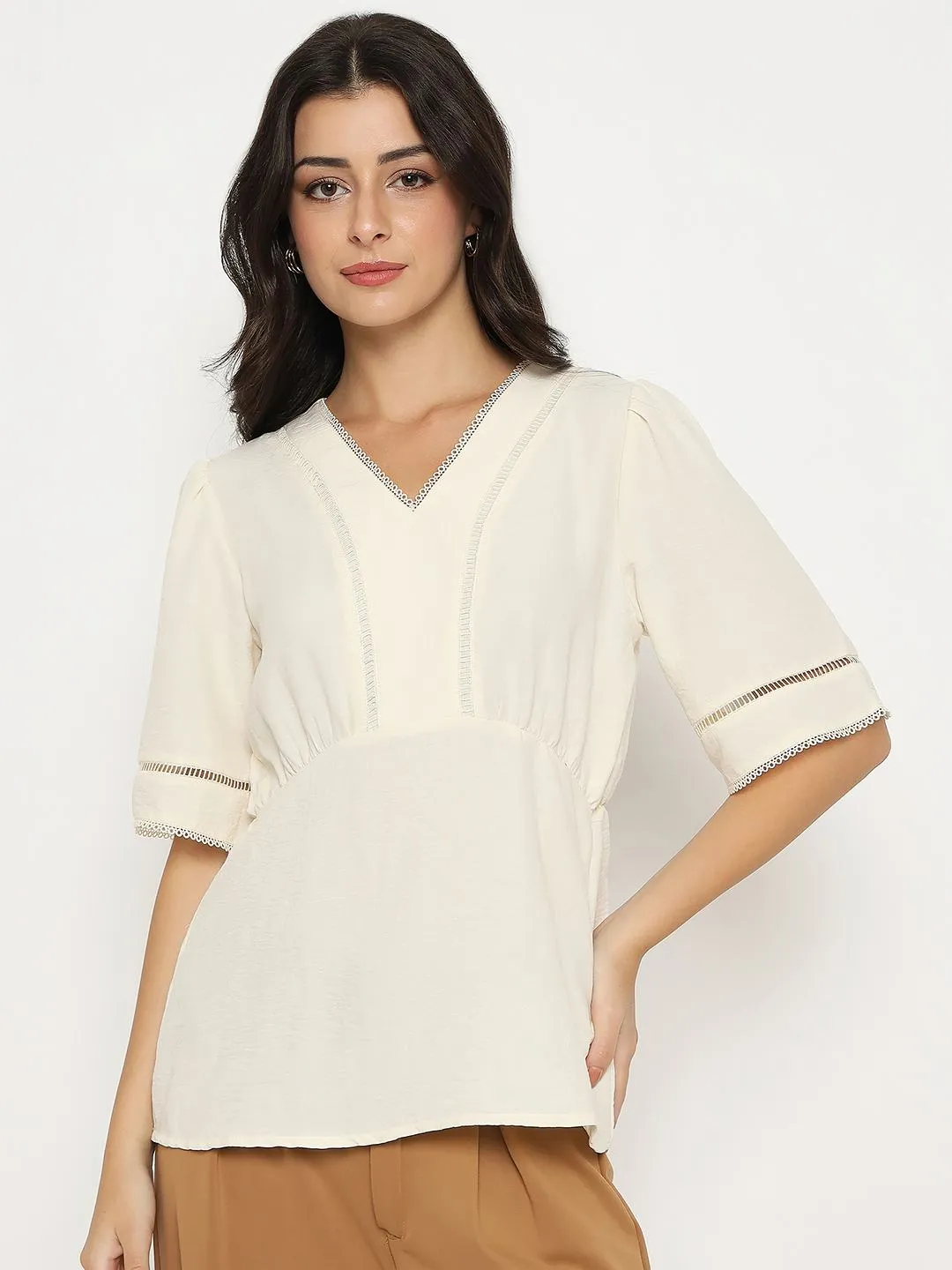 Madame V Neck Off White Peplum Top Cool Glow Airflow Vents