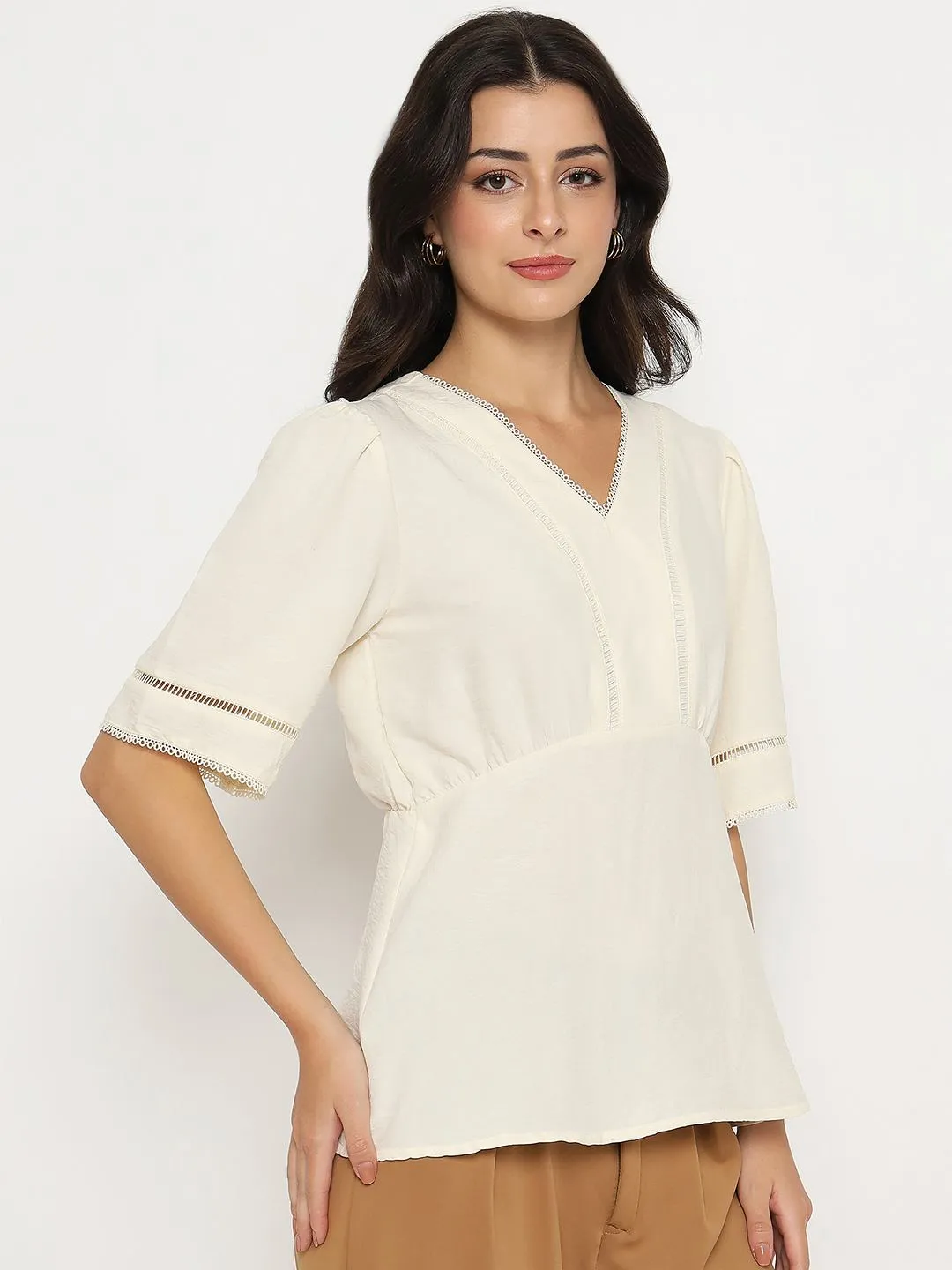 Madame V Neck Off White Peplum Top UVProtection Coating