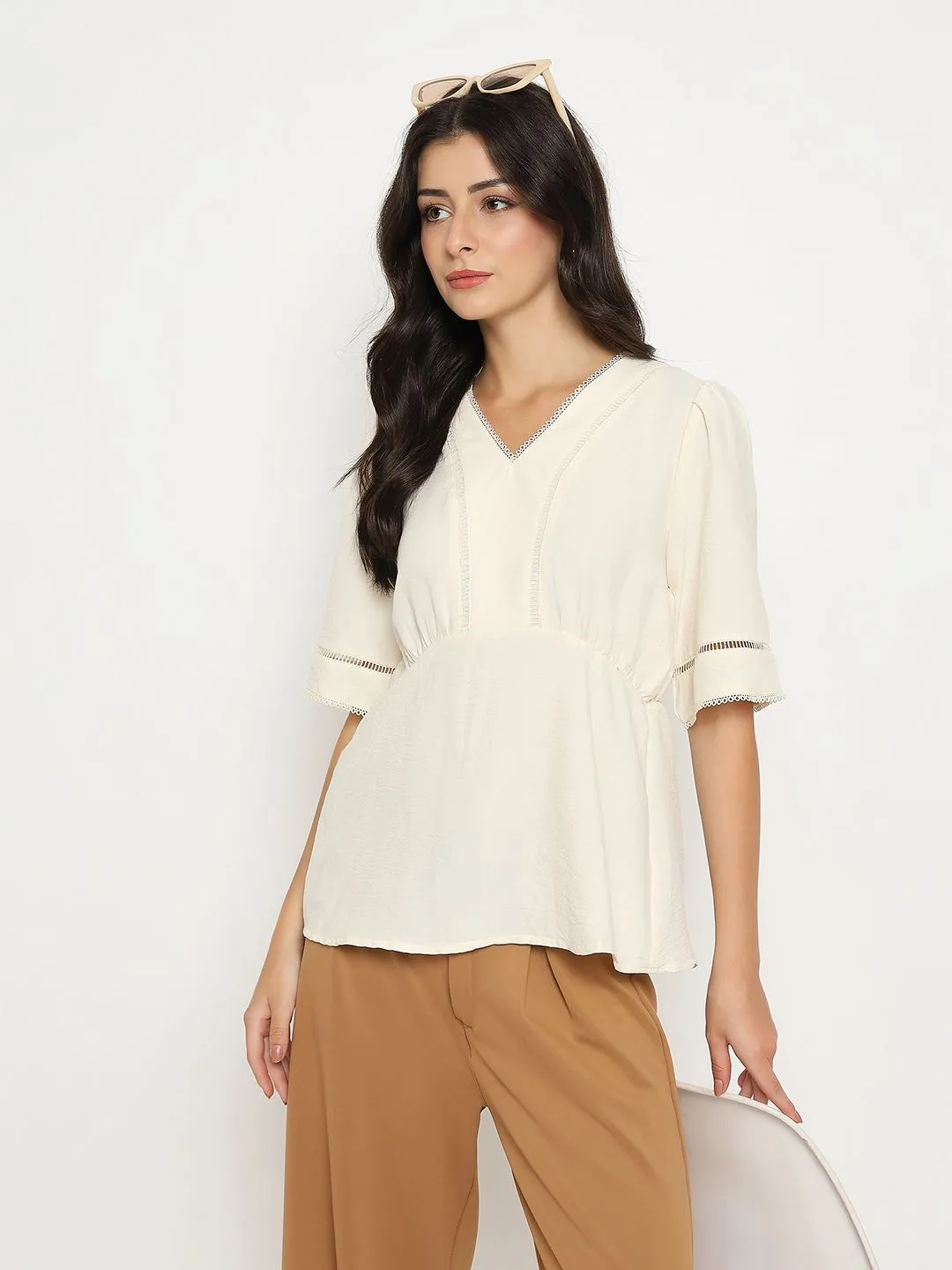 Gym Safe Madame V Neck Off White Peplum Top