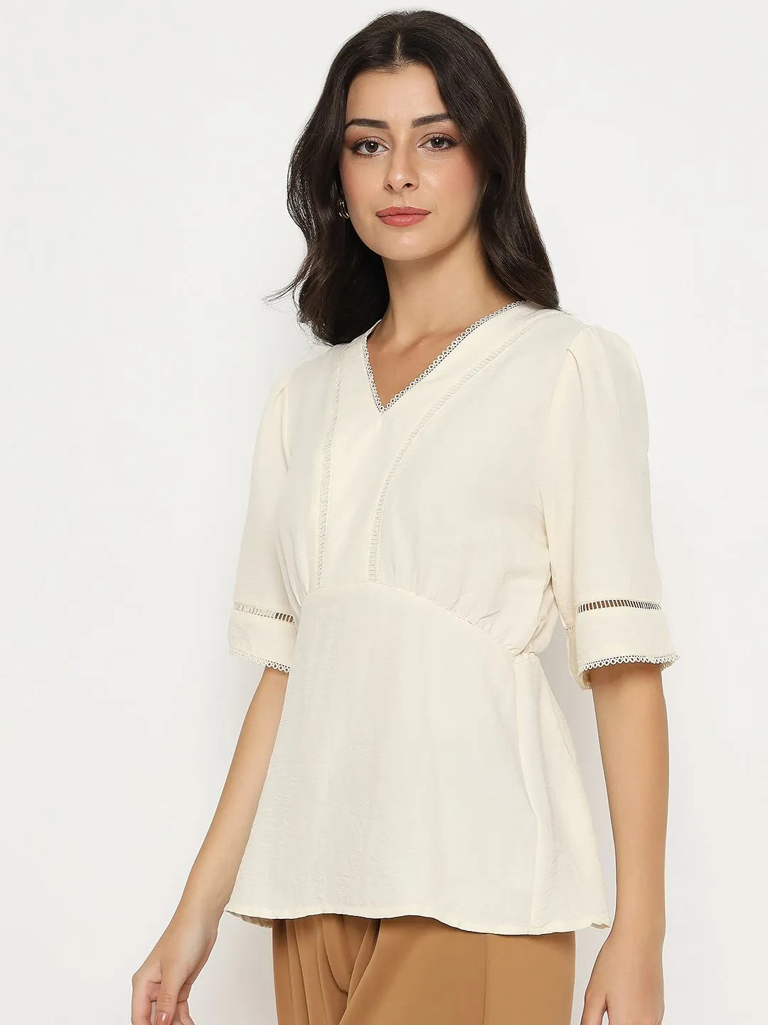 Madame V Neck Off White Peplum Top FlexFitTechnology