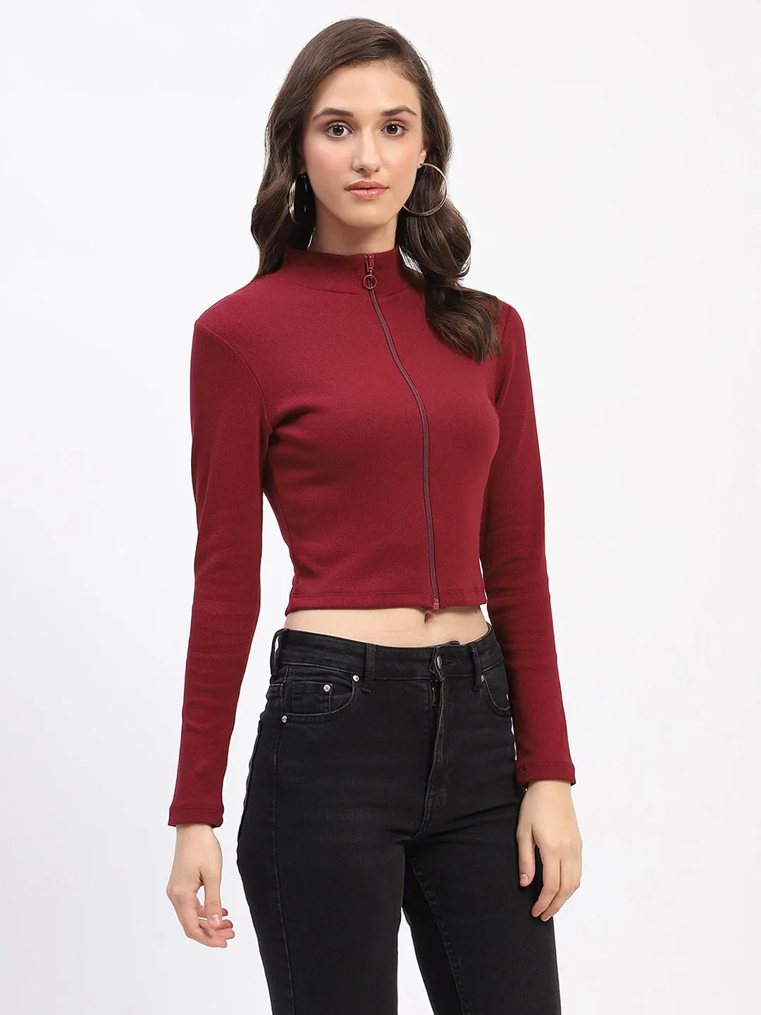 MoistureWickingTechnology Madame Ribbed Mock Neck Zipped Bodycon Wine Top