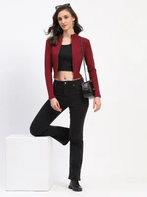 Pure Tone Madame Ribbed Mock Neck Zipped Bodycon Wine Top