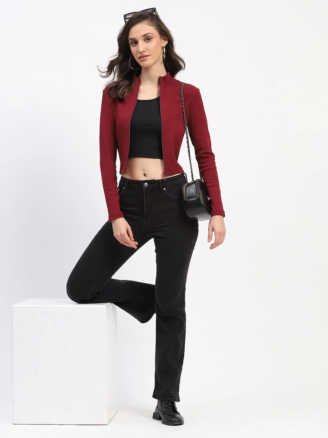 Pure Tone Madame Ribbed Mock Neck Zipped Bodycon Wine Top