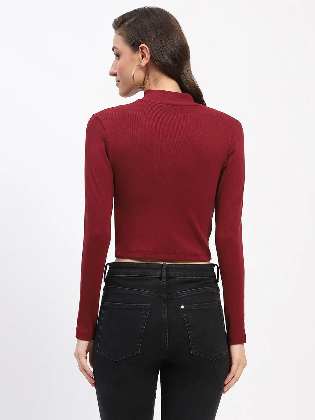 MinimalistDesign Madame Ribbed Mock Neck Zipped Bodycon Wine Top